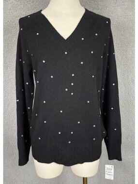 Charter Club Women's Cashmere Double V-Neck Rhinestone Sweater XS Black NWT's.